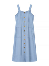 Denim Suspender Button-Down Casual Midi Dress
